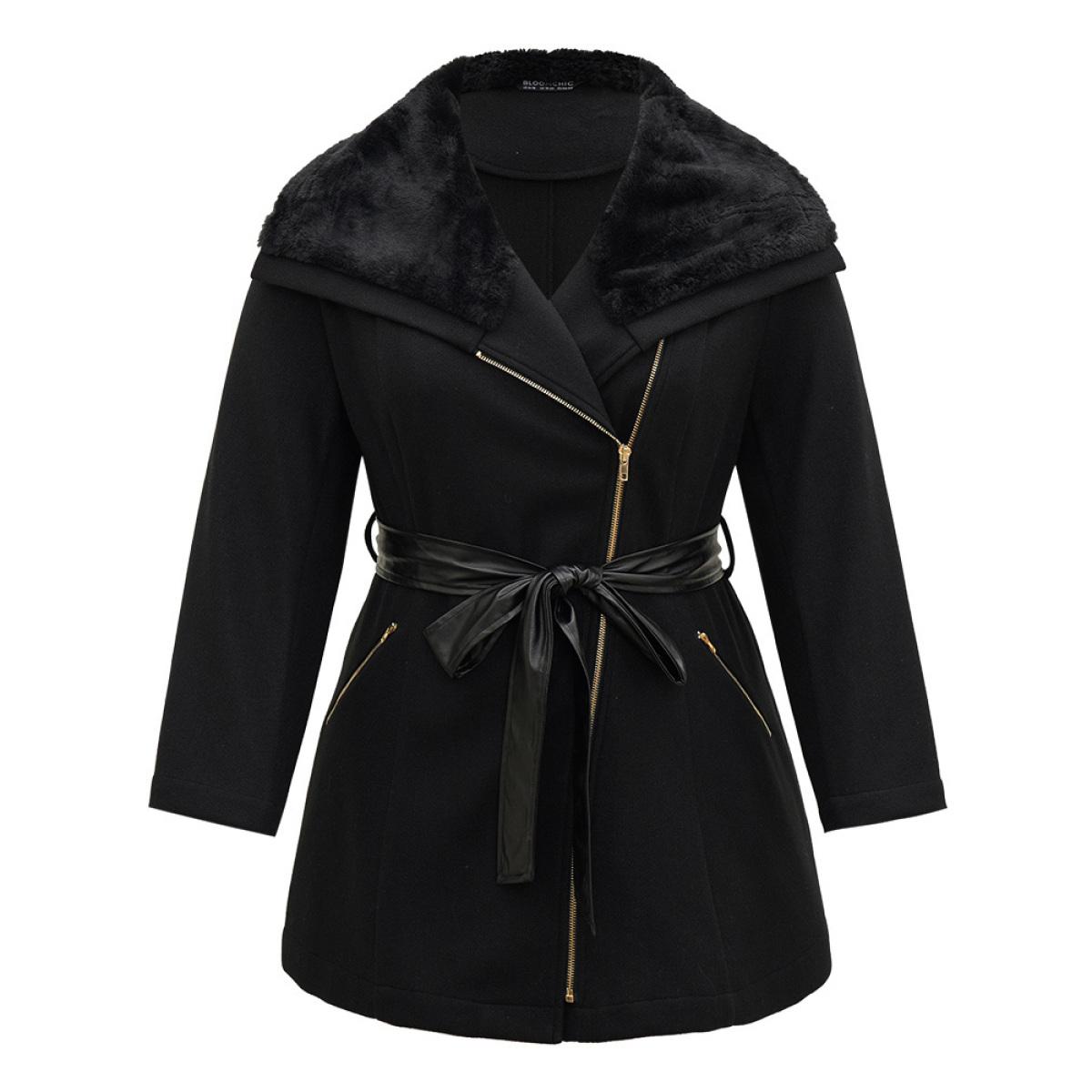 Plus Size Solid Zipper Belted PU Leather Knot Fuzzy Trim Coat Women Black Casual Plain Ladies Dailywear Winter Coats BloomChic 10/M Product Image