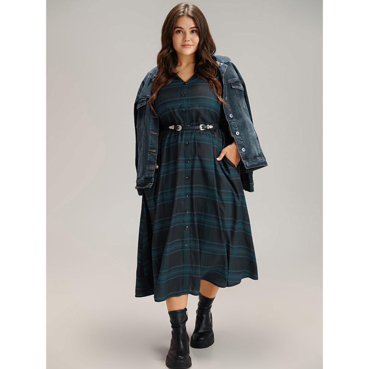 Plus Size Plaid Button Detail Notched Tab Sleeve Dress Indigo Women Casual Printed Notched collar Long Sleeve Curvy Midi Dress BloomChic 22-24/3X Product Image