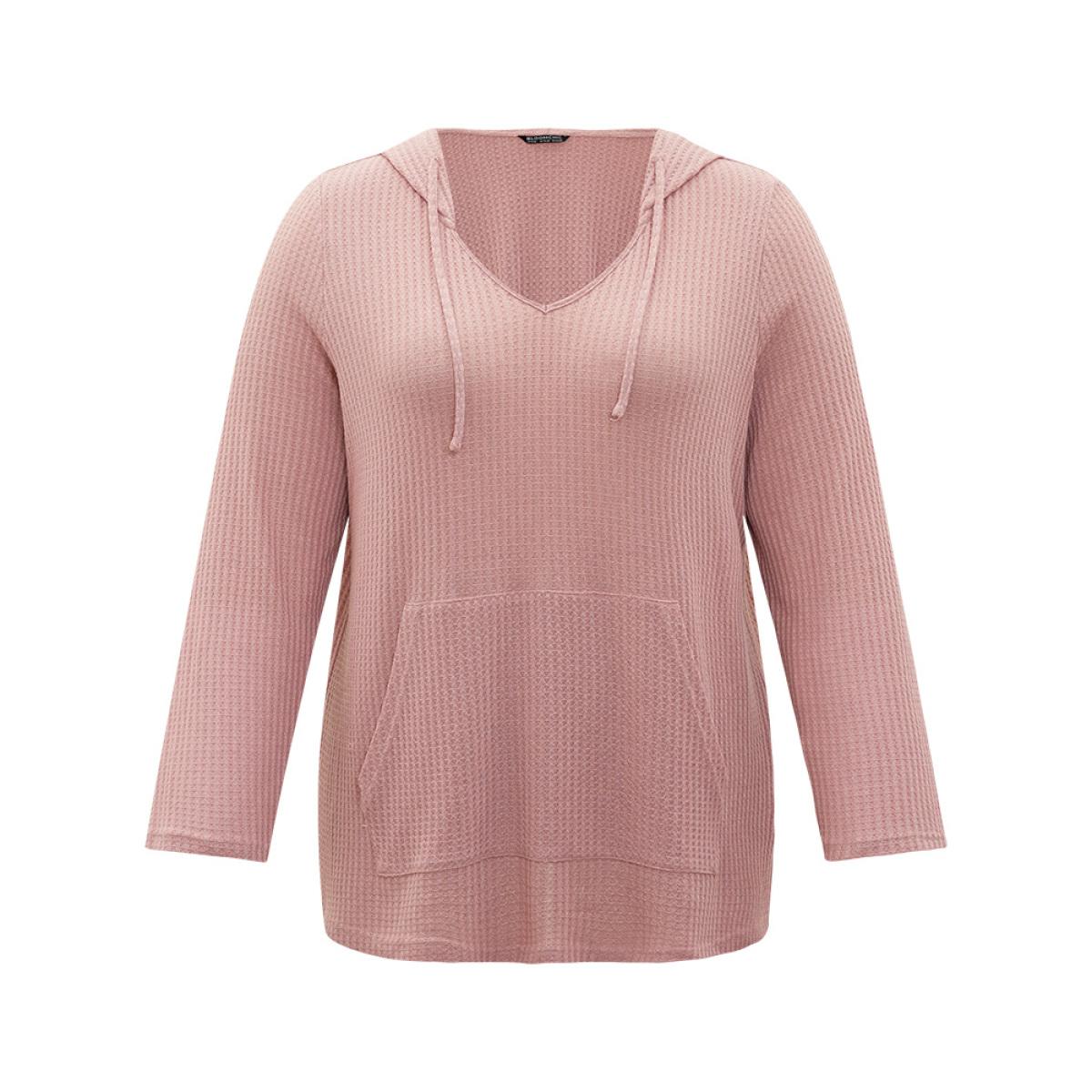 Plus Size Plain Waffle Knit Pocket Drawstring Hooded Sweatshirt Women Pink Casual Plain Hooded Dailywear Sweatshirts BloomChic 14-16/1X Product Image