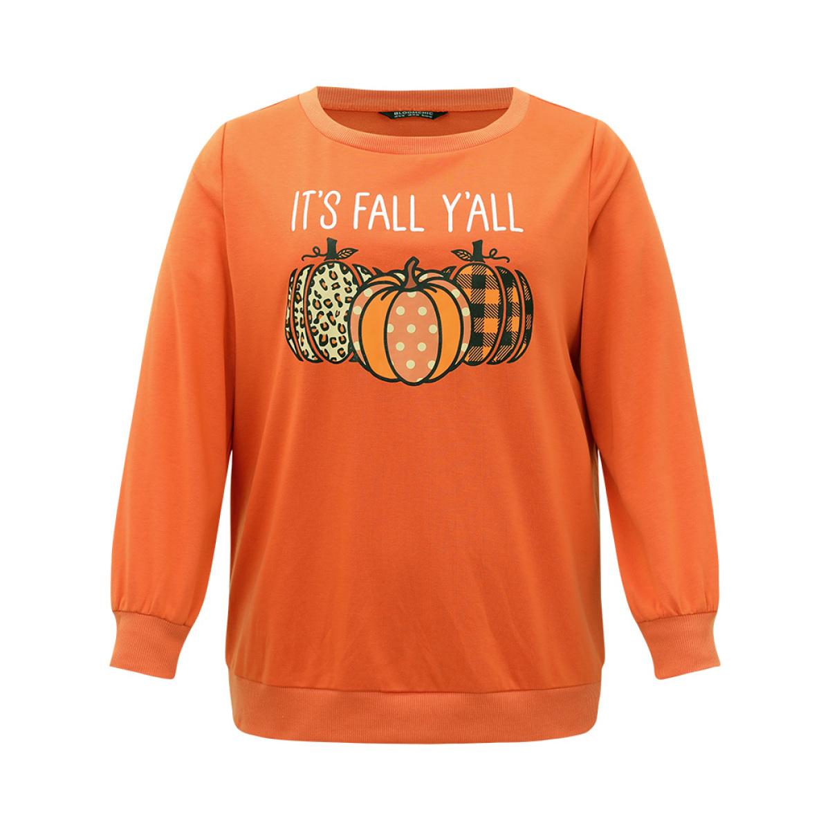 Plus Size Halloween Pumpkin Crew Neck Elastic Cuffs Sweatshirt Women Coral Casual Elastic cuffs Festival-Halloween Sweatshirts BloomChic 28/5X Product Image