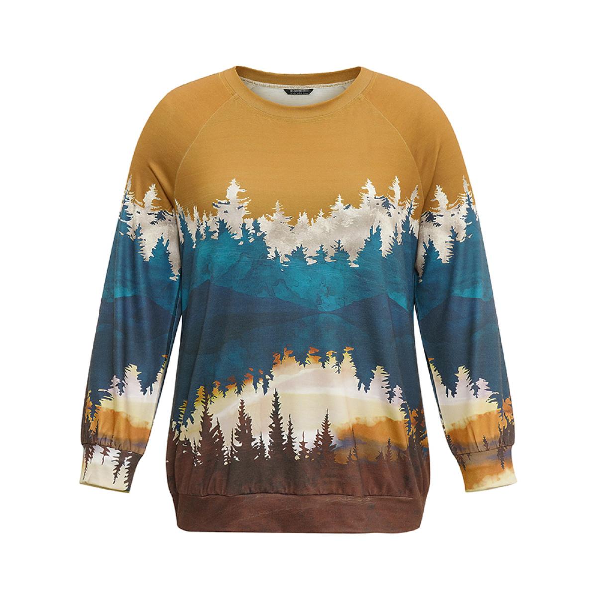 Plus Size Forest Ombre Crew Neck Raglan Sleeve Sweatshirt Women Bronze Casual Printed Round Neck Dailywear Sweatshirts BloomChic 18-20/2X Product Image