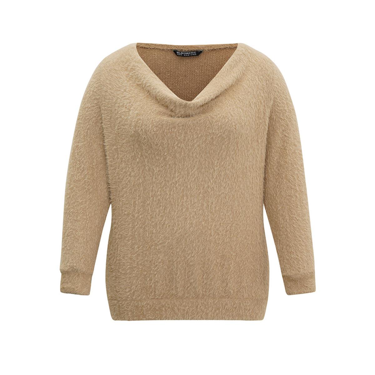 Plus Size Fuzzy Plain Cowl Neck Sweatshirt Women Tan Casual Texture Cowl Neck Dailywear Sweatshirts BloomChic 12/L Product Image