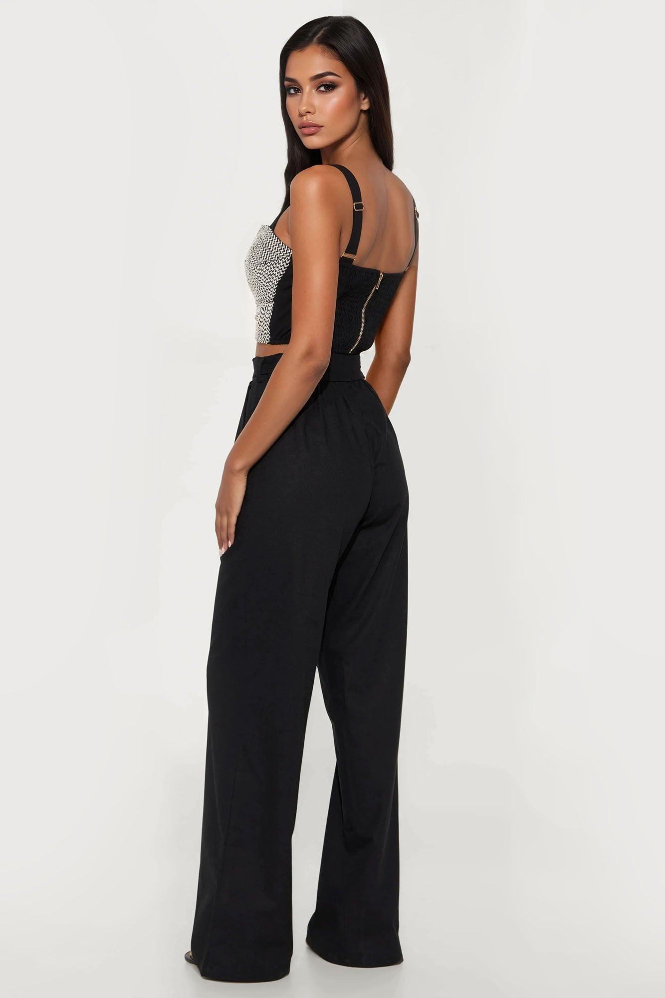 Mia Embroidered Wide Leg Pant Set - Black Female Product Image