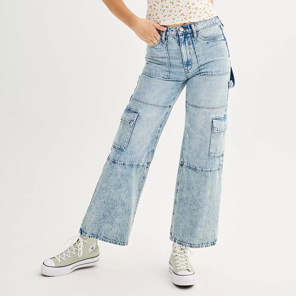 Juniors' SO® High Rise Wide Leg Cargo Jean, Girl's, Size: Medium, Medium Tint Product Image