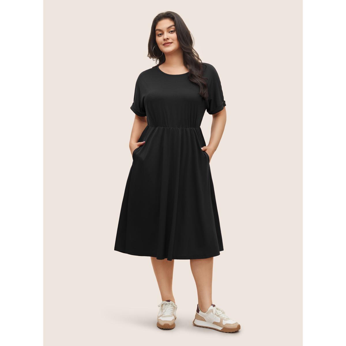 Plus Size Supersoft Essentials Solid Pocket Cuffed Sleeve Dress Black Women Basics Non Round Neck Short sleeve Curvy Midi Dress BloomChic 26/4X Product Image