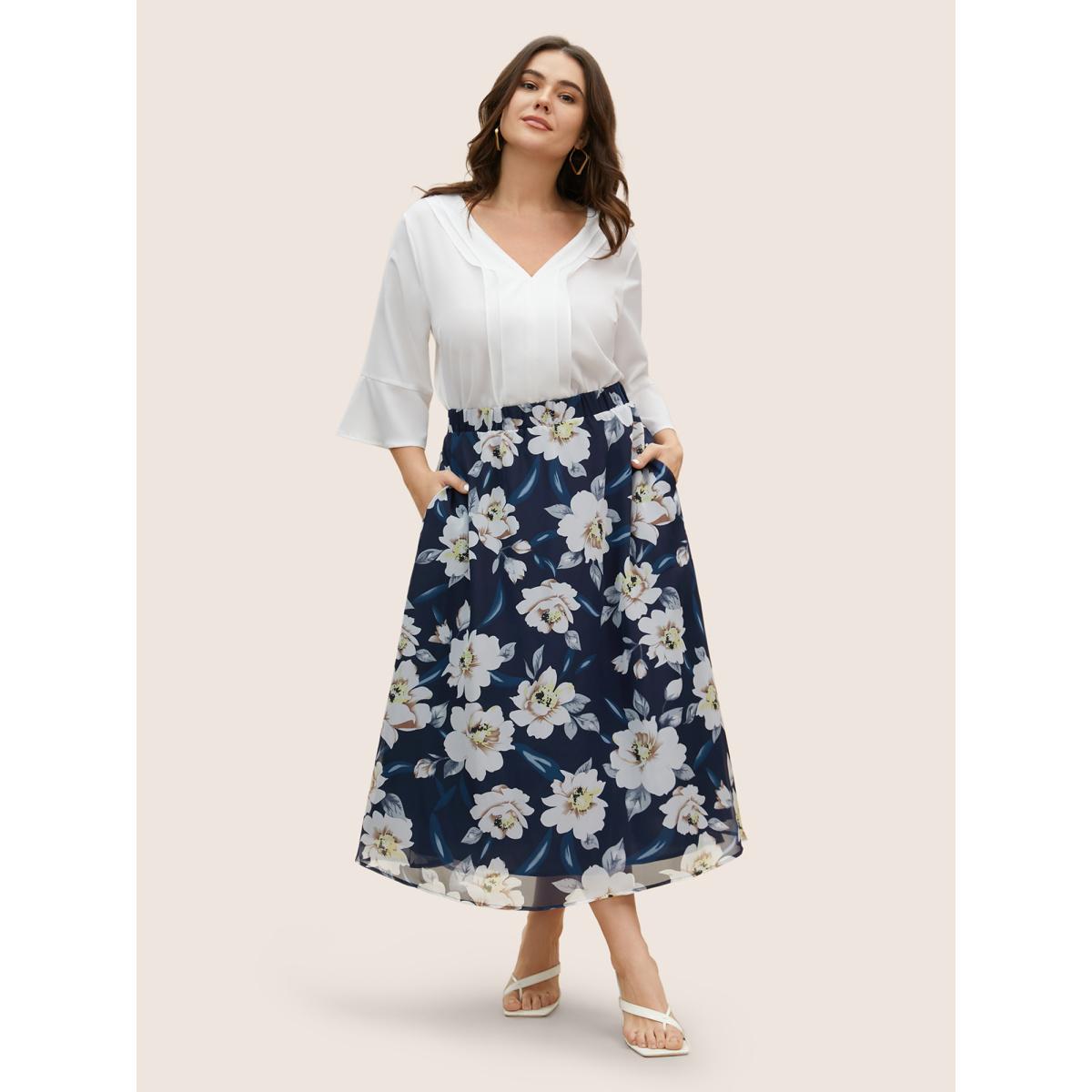 Plus Size Chiffon Mesh Floral Elastic Waist Skirt Women Navy Elegant See through No stretch Side seam pocket Everyday Skirts BloomChic 18-20/2X Product Image