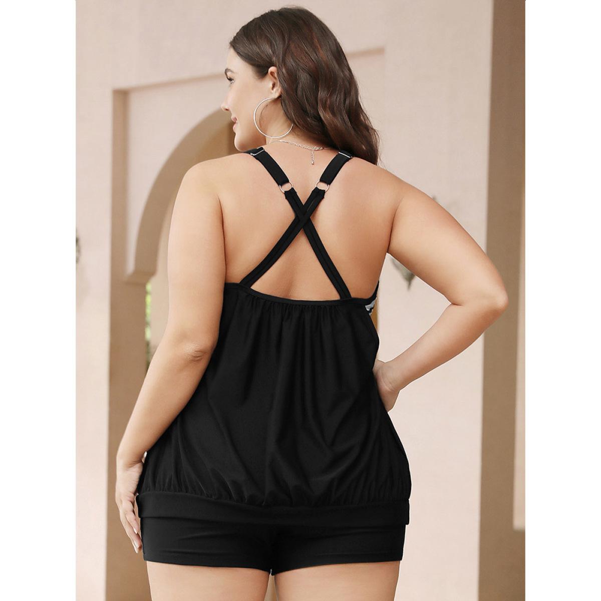 Plus Size Striped Patchwork Gathered Crossover Back Tankini Top Women's Swimwear Black Vacation Adjustable Straps High stretch Round Neck Curve Swim Tops BloomChic 22-24/3X Product Image