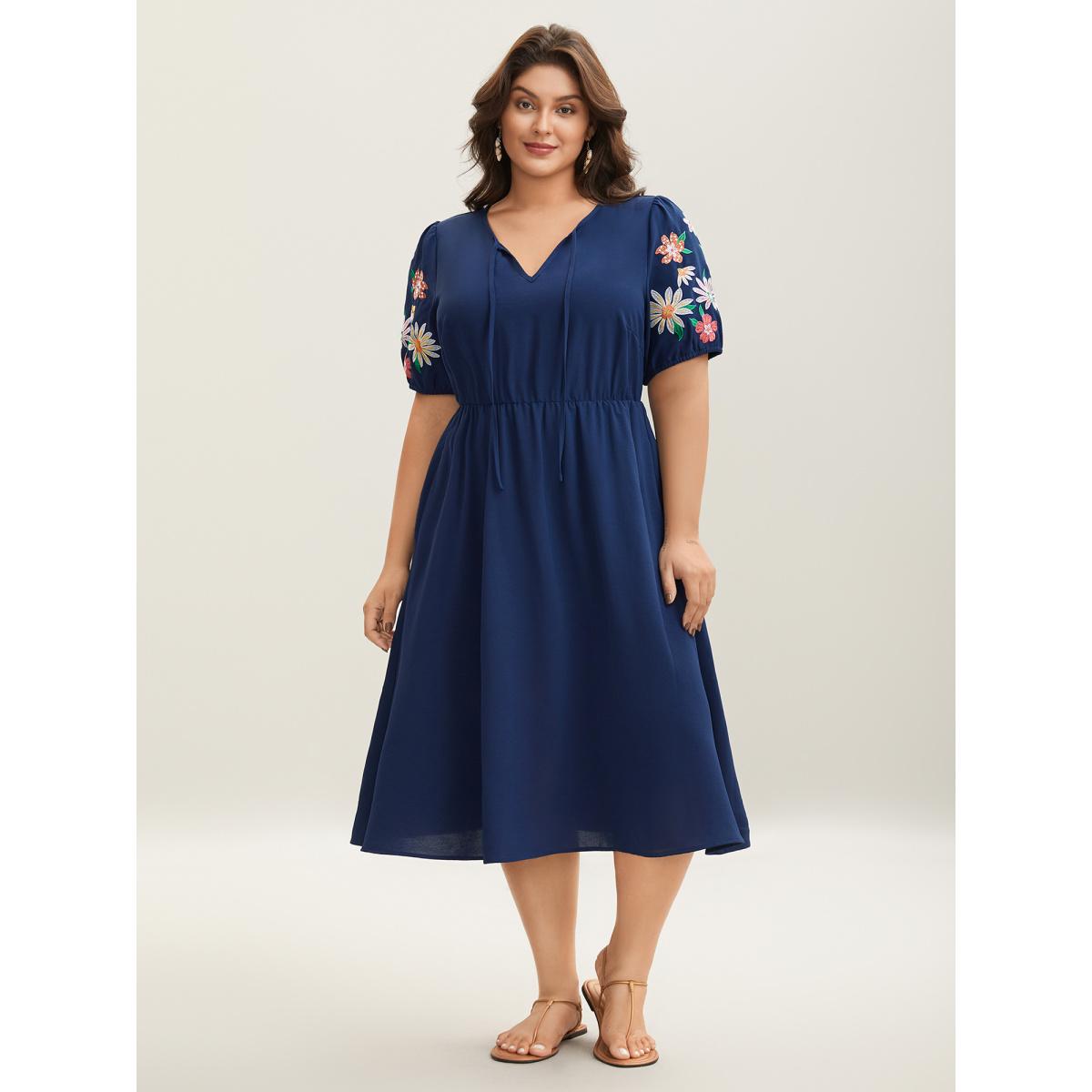 Plus Size Floral Embroidered Neck Tie Midi Dress Indigo Women Notched collar Short sleeve Curvy BloomChic 22-24/3X Product Image