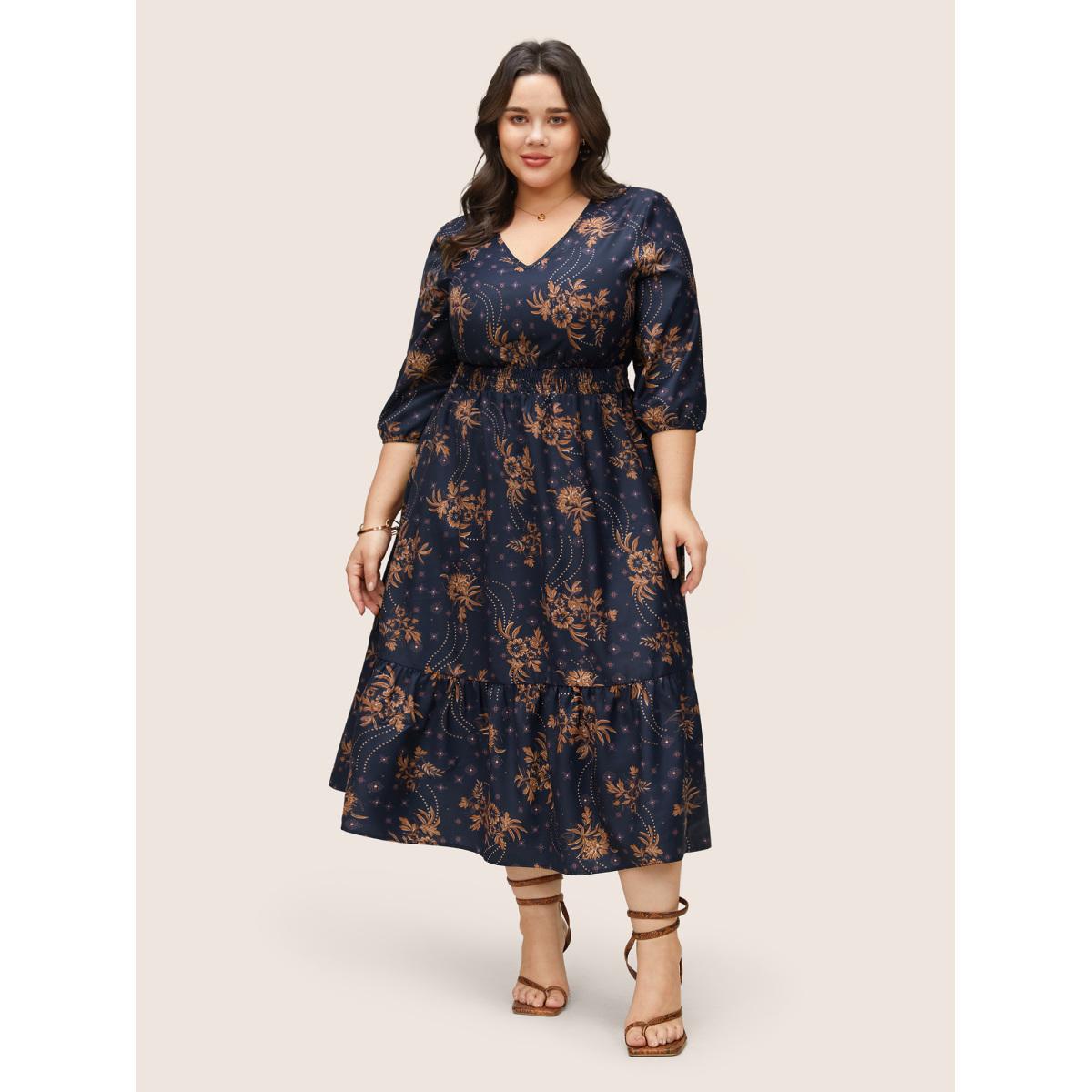 Plus Size Floral Print Gathered Ruffle Hem Shirred Dress DarkBlue Women Elegant Non V-neck Elbow-length sleeve Curvy Midi Dress BloomChic 14-16/1X Product Image
