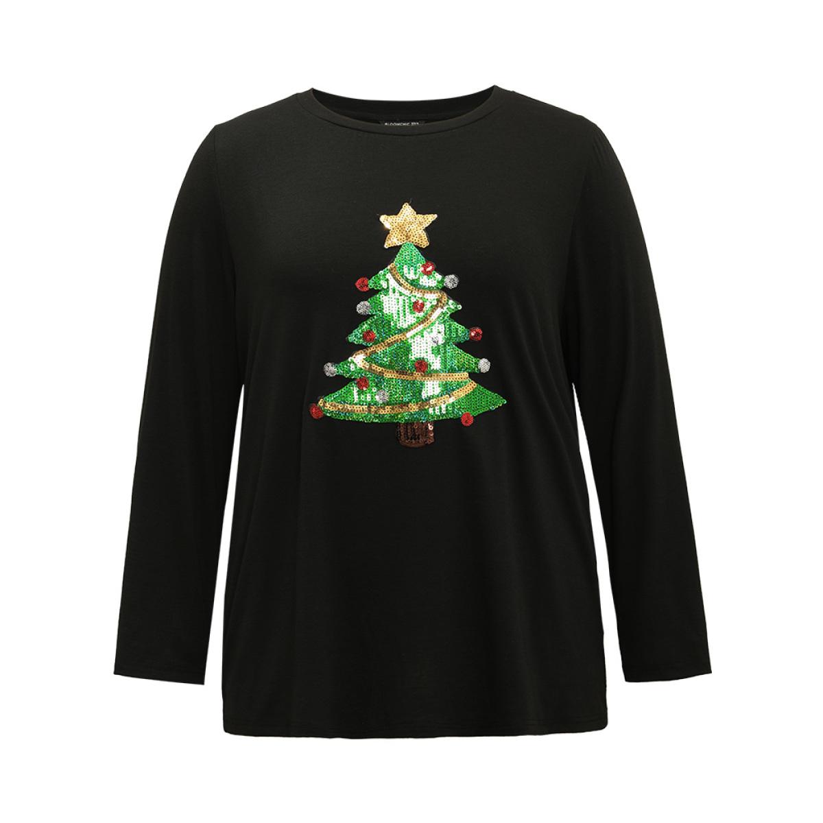 Plus Size Christmas Trees Sequin Round Neck T-shirt Black Women Casual Sequin Christmas Festival-Christmas T-shirts BloomChic 18-20/2X Product Image