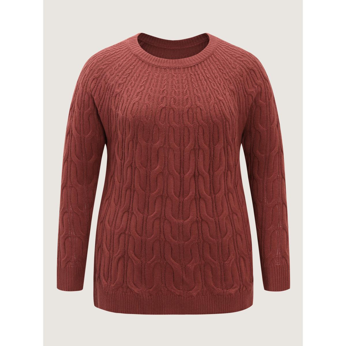 Plus Size Crew Neck Cable Knit Pullover Rust Women Leisure Loose Long Sleeve Round Neck Casual Pullovers BloomChic 18-20/2X Product Image