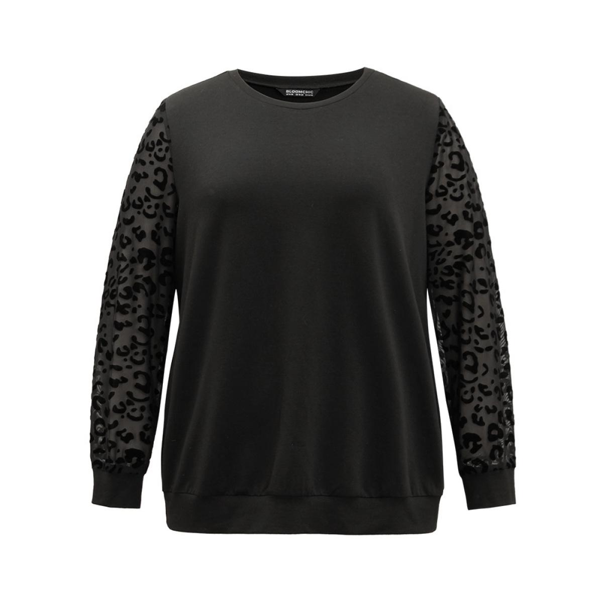 Plus Size Leopard Mesh Patchwork Round Neck Sweatshirt Women Black Elegant Elastic cuffs Round Neck Dailywear Sweatshirts BloomChic 12/L Product Image