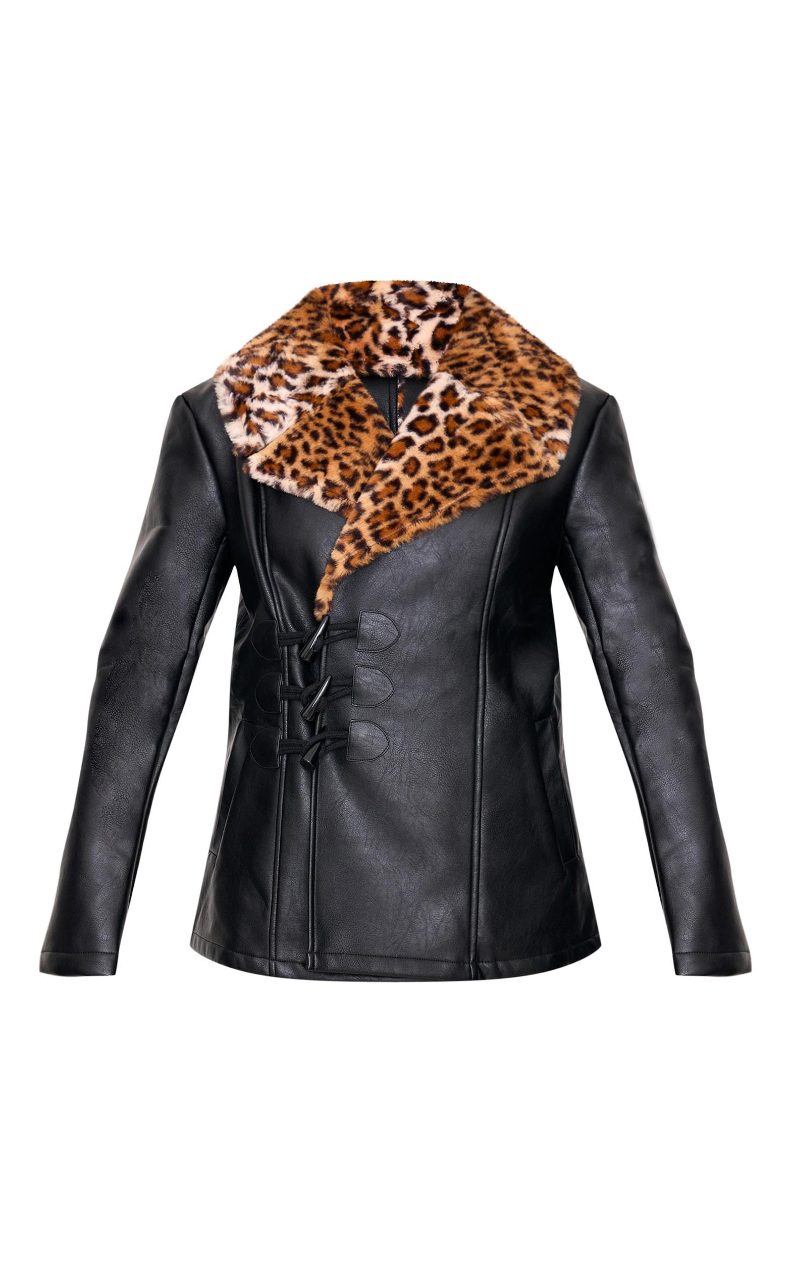 Black Faux Fur White Trim Contrast Faux Leather Jacket Product Image