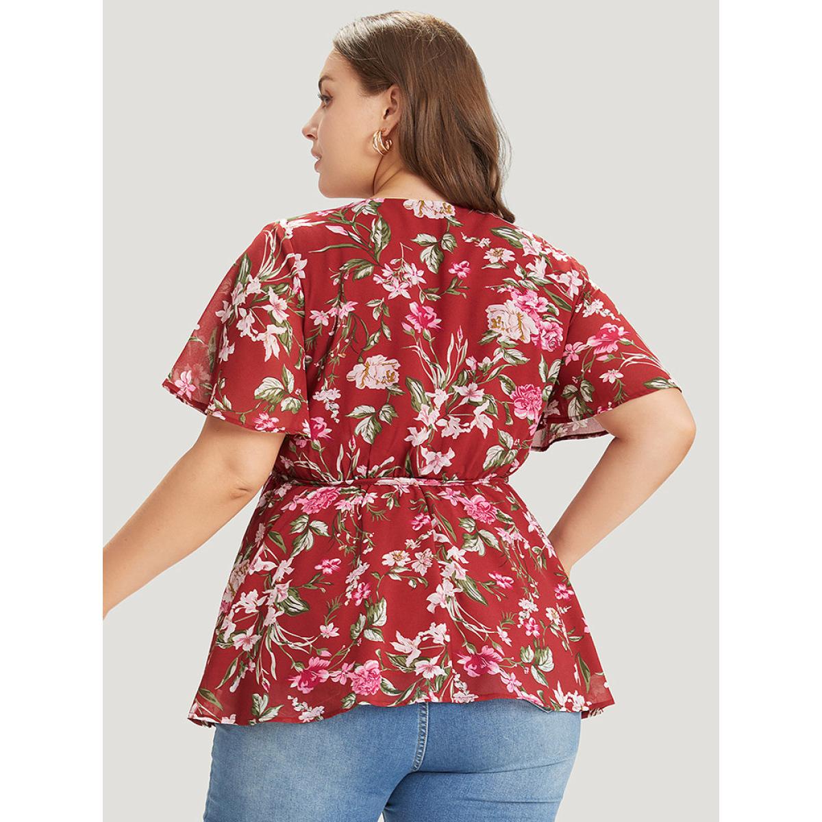 Plus Size Scarlet Floral Wrap Ruffle Sleeve Ties Blouse Women Elegant Short sleeve V-neck Dailywear Blouses BloomChic 28/5X Product Image