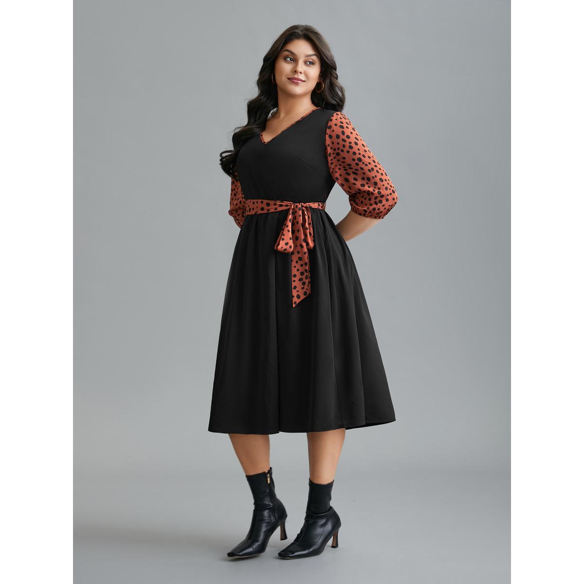 Plus Size V Neck Polka Dot Color contrast Dress Black Women Elegant Belted V-neck Elbow-length sleeve Curvy BloomChic 30/6X Product Image