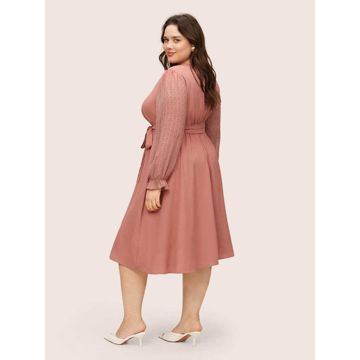Plus Size Plain Mesh Textured Patchwork Belted Dress DustyPink Women At the Office Texture Overlap Collar Long Sleeve Curvy Midi Dress BloomChic 14-16/1X Product Image