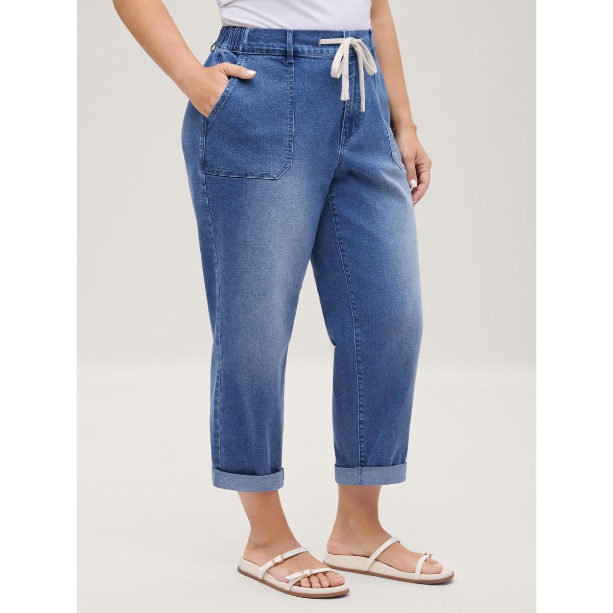 Plus Size Stretch No-Gap Elastic Waist Jeans Women Midblue Leisure High stretch Slanted pocket Jeans BloomChic 28/5X Product Image