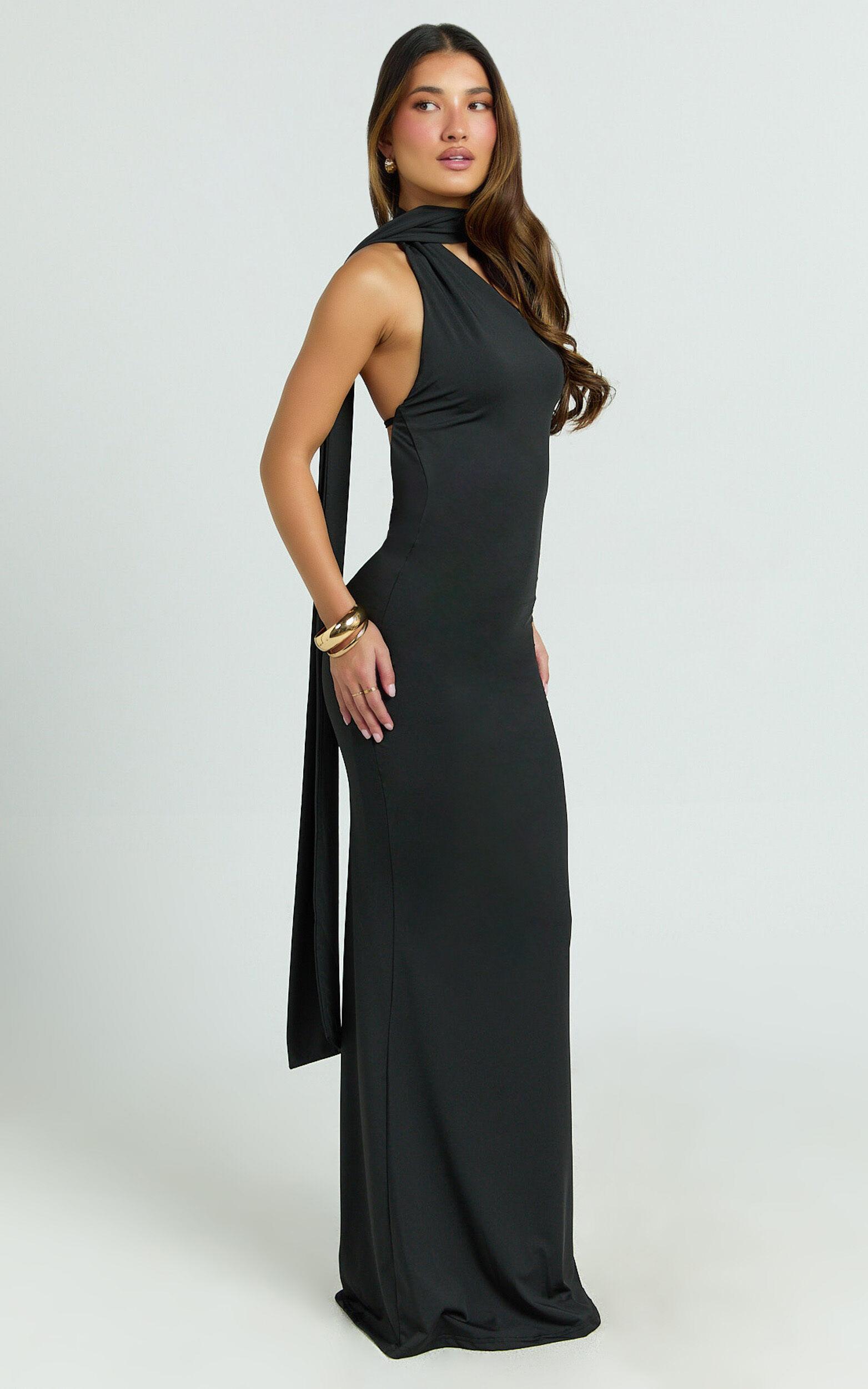 Seraphine Maxi Dress - Halter Neck Low Back Fit And Flare Dress in Black Product Image