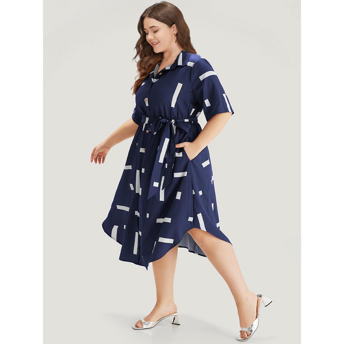 Plus Size Geometric Print Shirt Collar Button Up Belted Dress Navy Women Office Belted Shirt collar Short sleeve Curvy Midi Dress BloomChic 28/5X Product Image