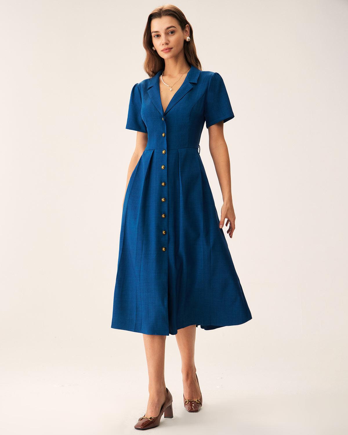 Blue V Neck Pleated Button Midi Dress Product Image