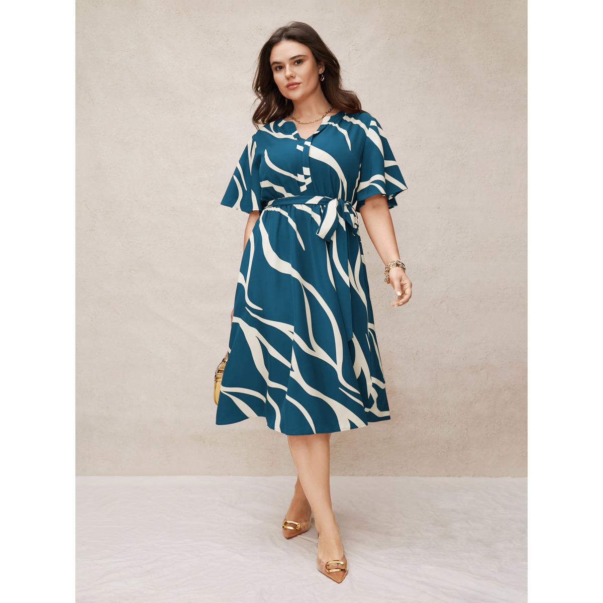 Plus Size Geometric Surplice Neck Tie Knot Midi Dress Aegean Women Office Belted Flat collar with V-notch Short sleeve Curvy BloomChic 14-16/1X Product Image