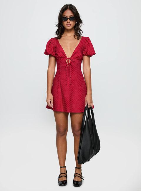 Beloved Puff Sleeve Linen Blend Mini Dress Red Polka Product Image