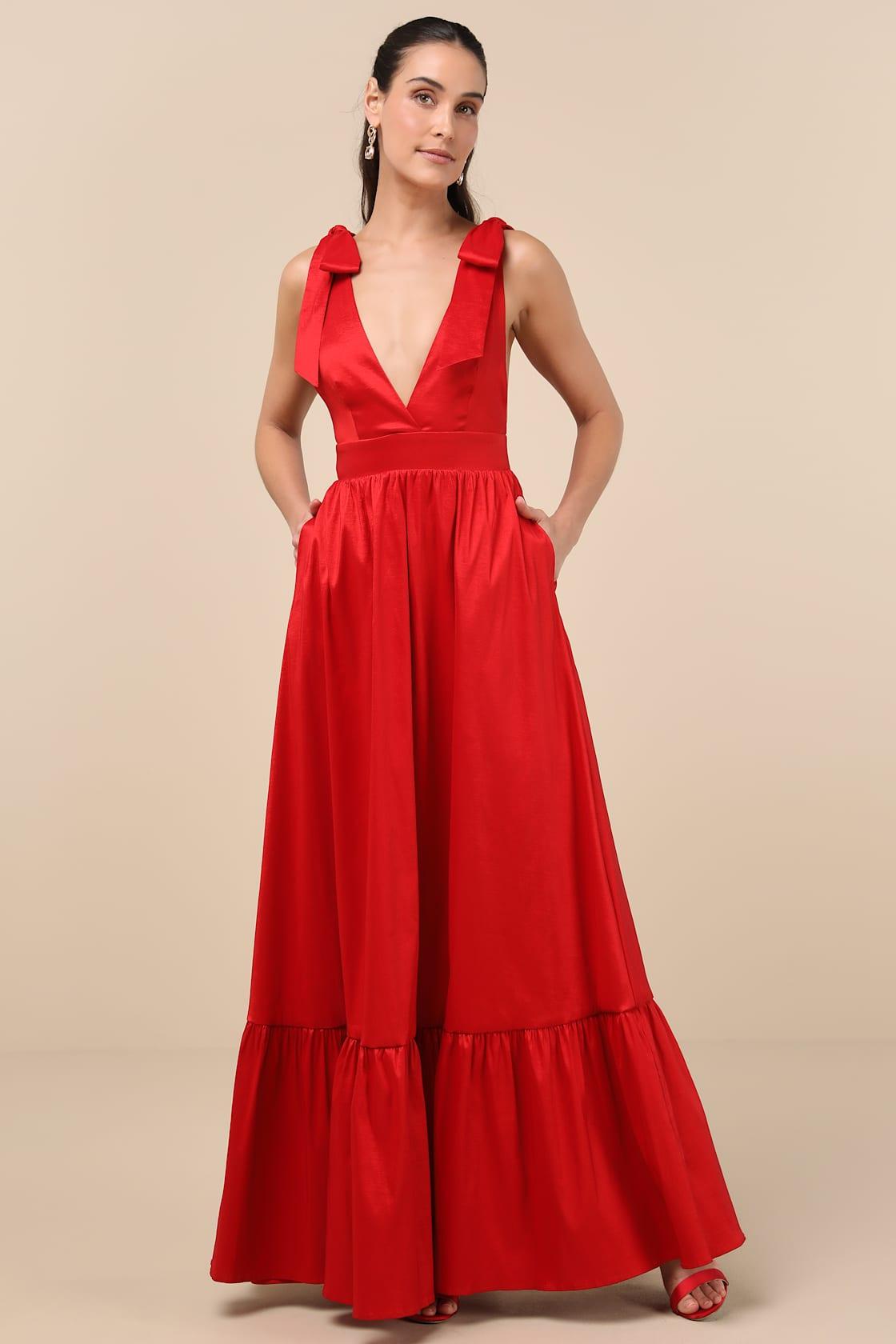 Rare Charm Red Taffeta Tie-Strap Maxi Dress With Pockets Product Image