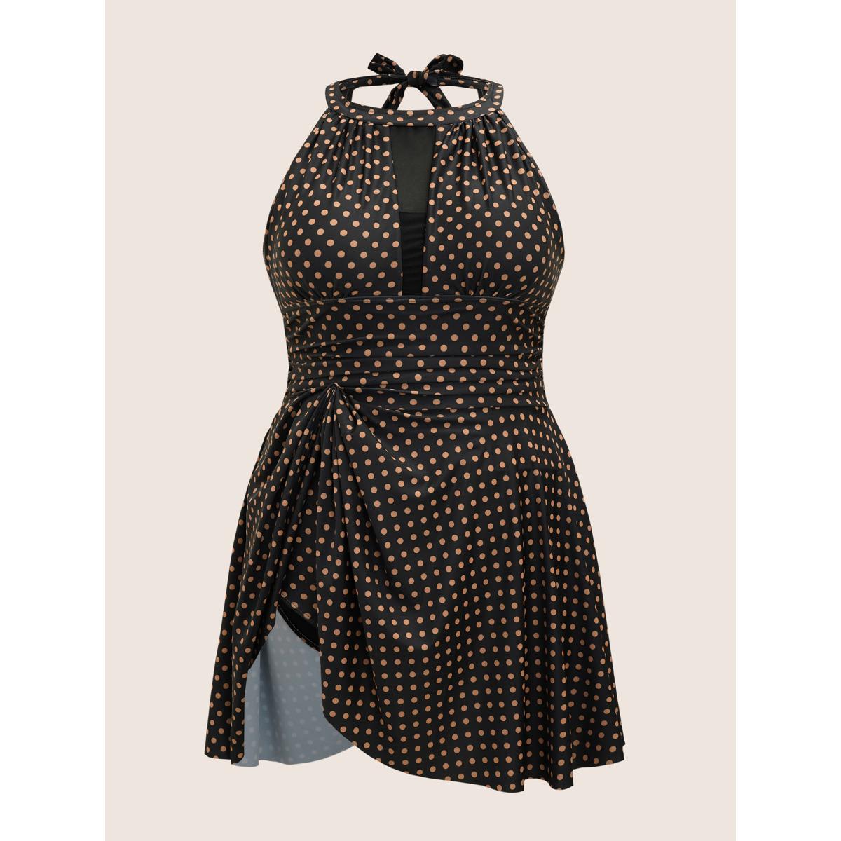 Plus Size Polka Dot Halter Neck Gathered Swim Dress Women's Swimwear Black Beach Bodycon Halter neck High stretch Curve Swim Dresses BloomChic 10/M Product Image