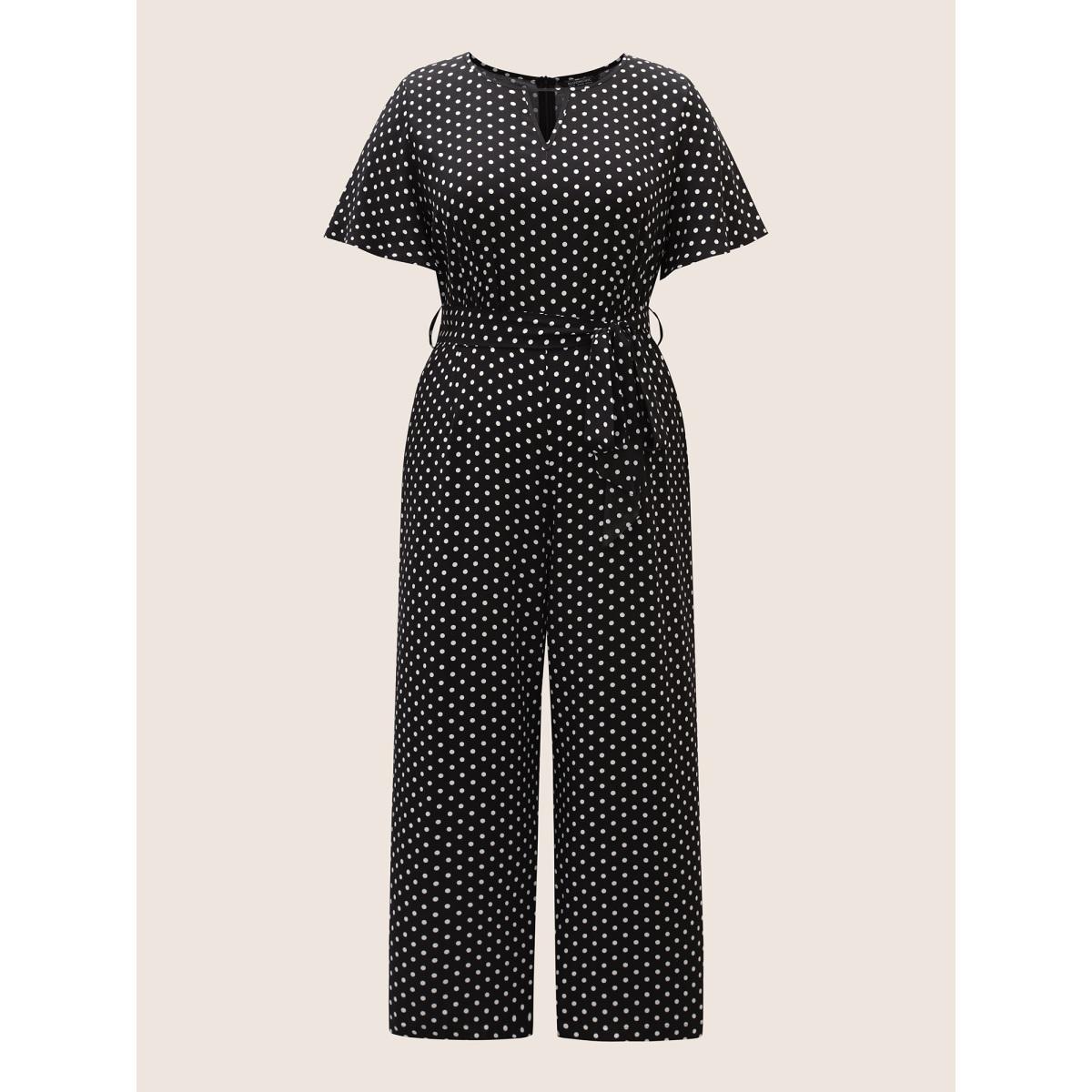 Plus Size Black Polka Dot Cut Out Zipper Belted Jumpsuit Women Elegant Short sleeve Notched collar Everyday Loose Jumpsuits BloomChic 26/4X Product Image
