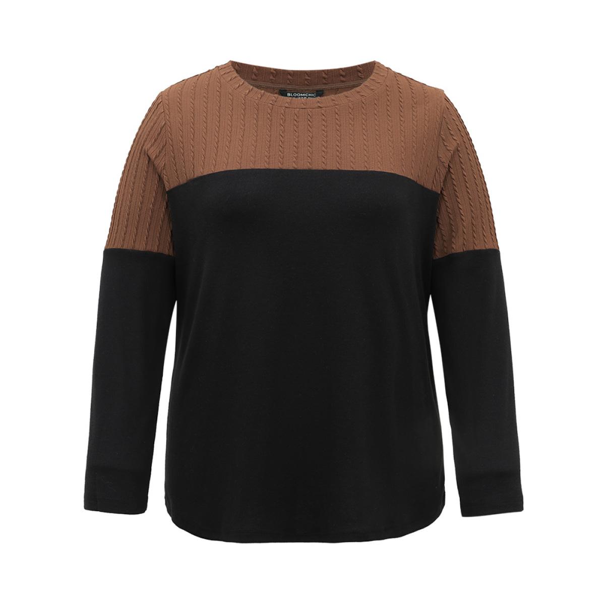 Plus Size Textured Patchwork Contrast Crew Neck Knit T-shirt Black Women Casual Texture Plain Round Neck Dailywear T-shirts BloomChic 26/4X Product Image