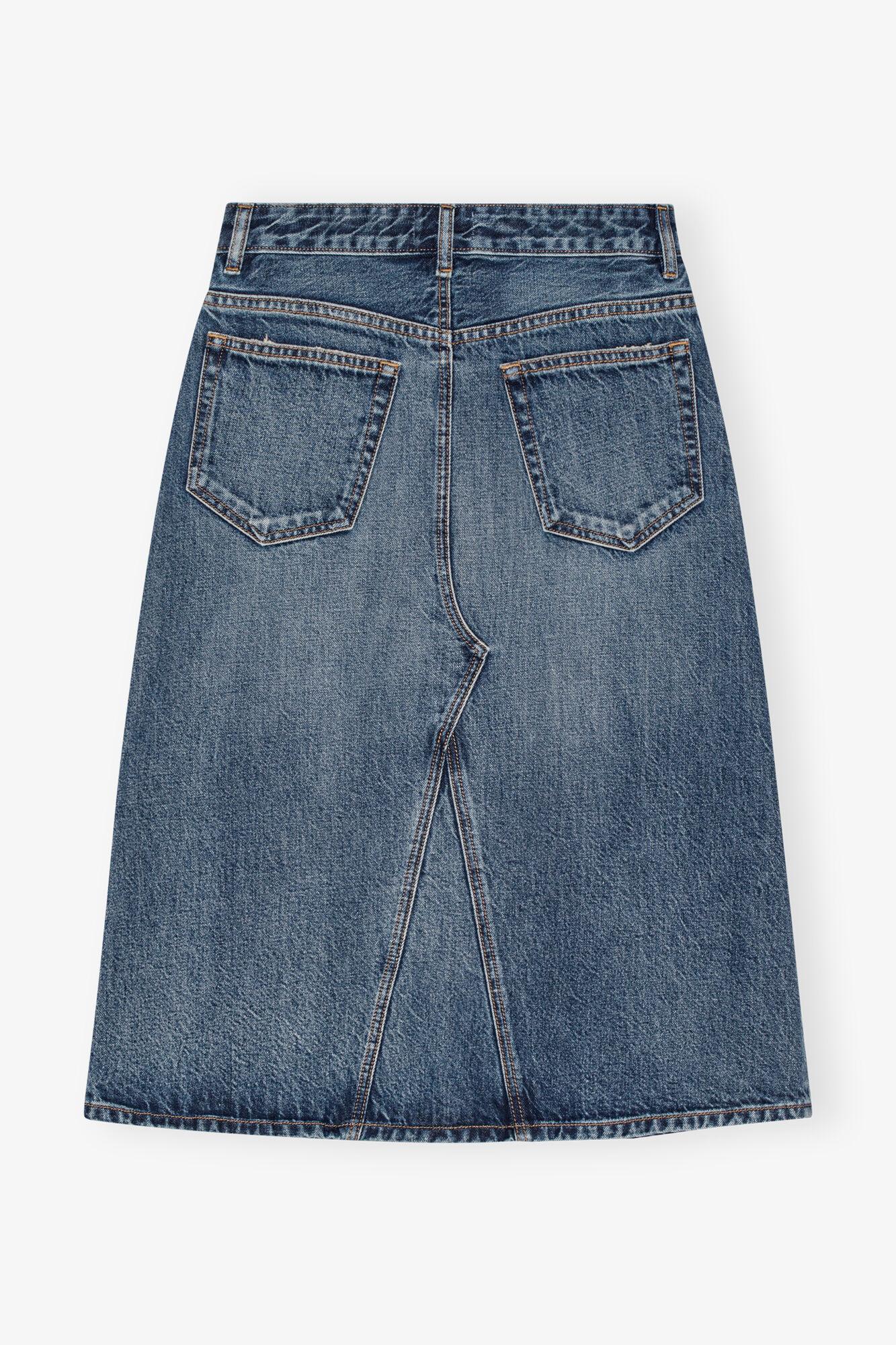 Dark Blue Heavy Washed Denim Midi Skirt Product Image