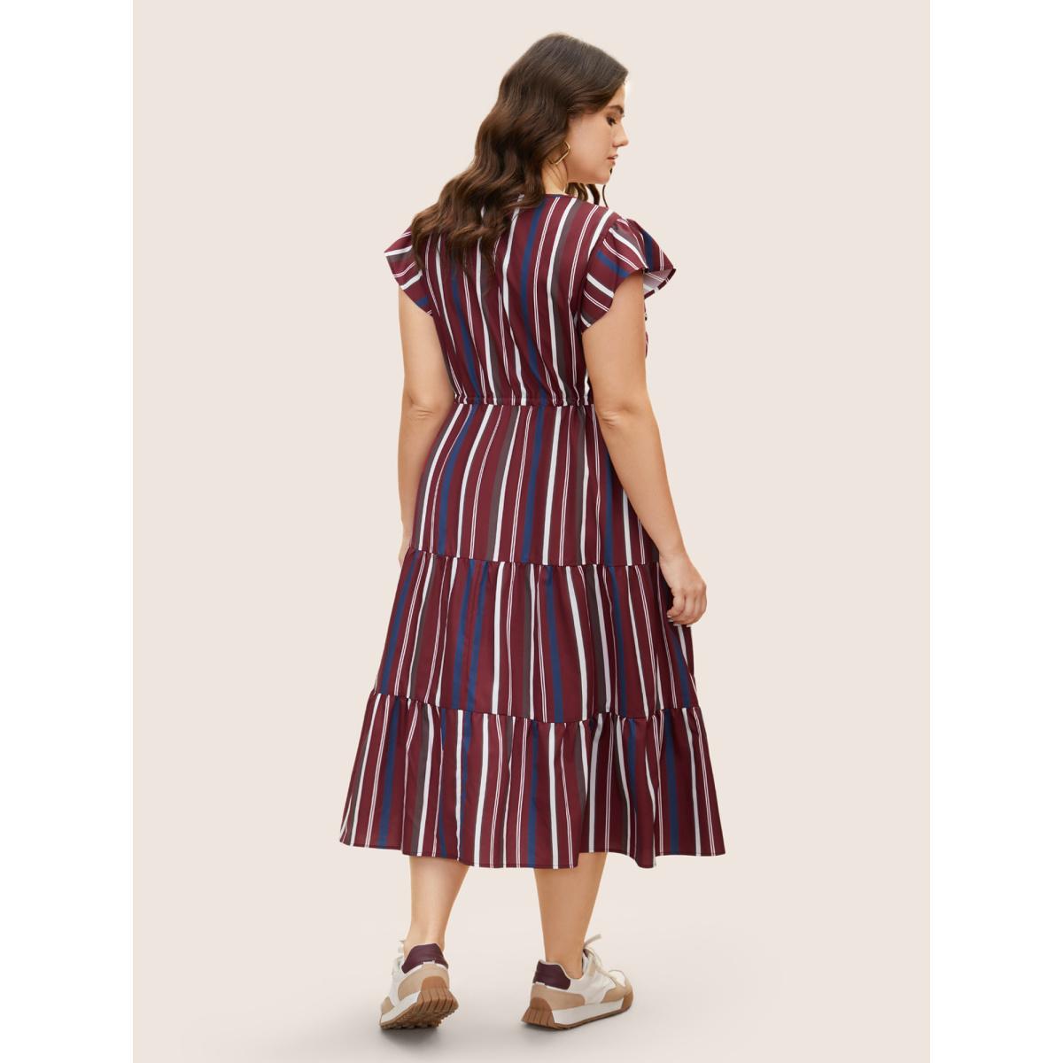 Plus Size Striped Drawstring Ruffle Cap Sleeve Midi Dress Burgundy Women Casual Drawstring V-neck Cap Sleeve Curvy BloomChic 12/L Product Image