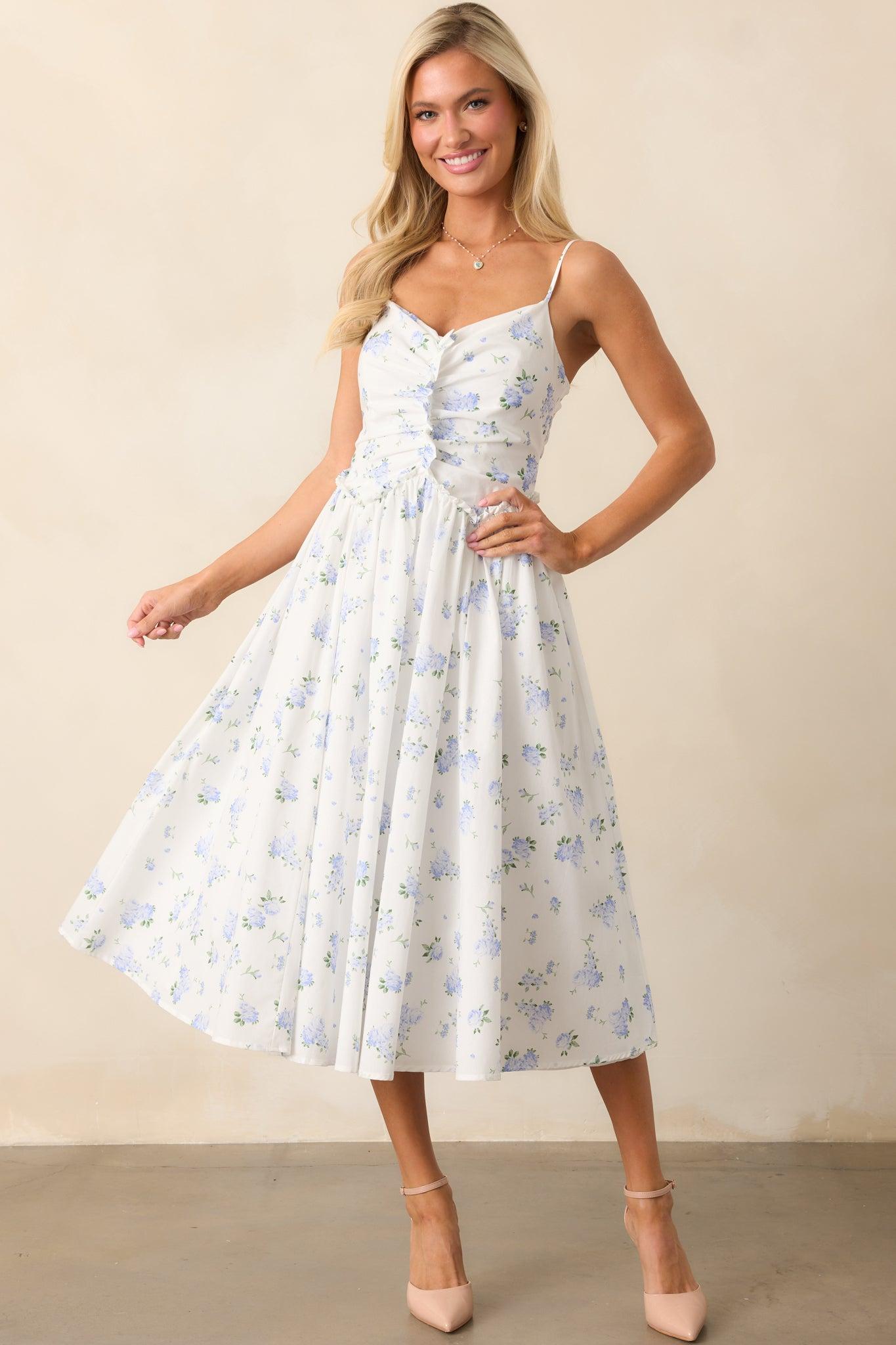 Garden Treasures Light Blue Floral Cotton Midi Dress Product Image