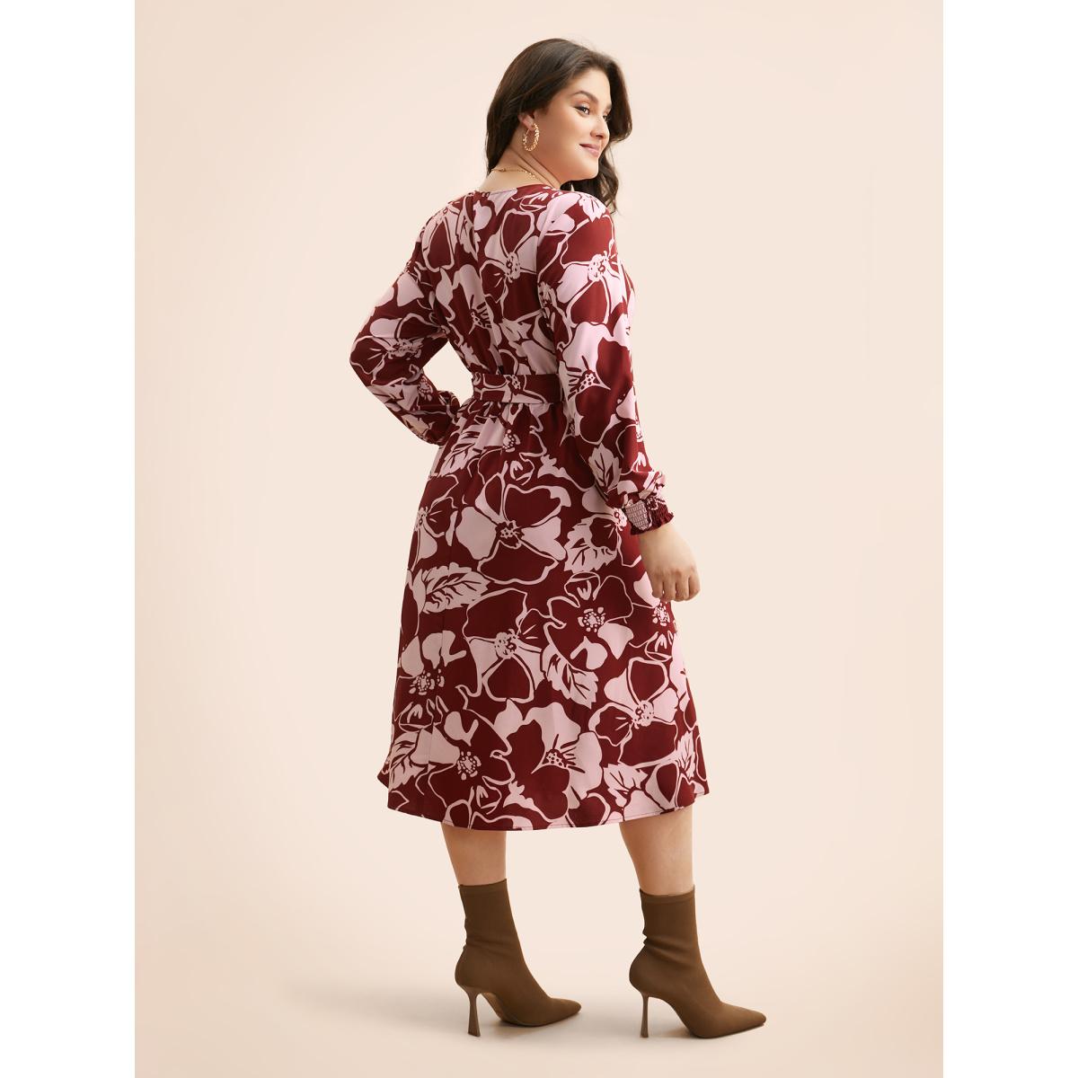 Plus Size Floral Button Up Belted Dress Burgundy Women Timeless Belted Round Neck Long Sleeve Curvy BloomChic 26/4X Product Image
