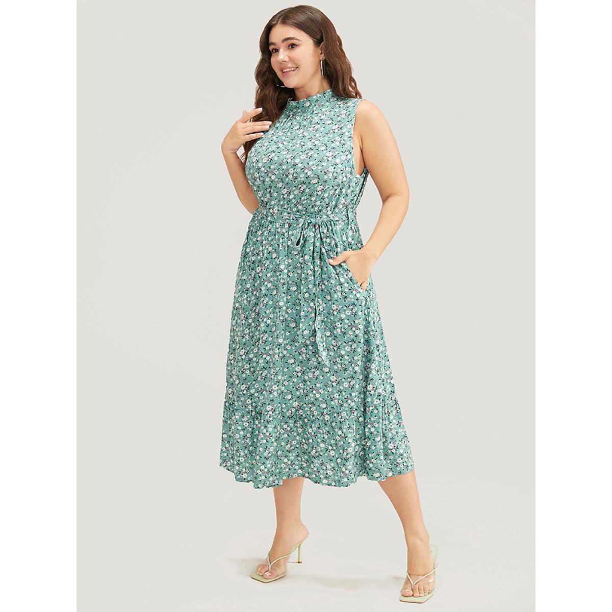 Plus Size Ditsy Floral Keyhole Pocket Belted Mock Neck Ruffles Dress Mint Women Elegant Pocket Mock Neck Sleeveless Curvy Midi Dress BloomChic 26/4X Product Image