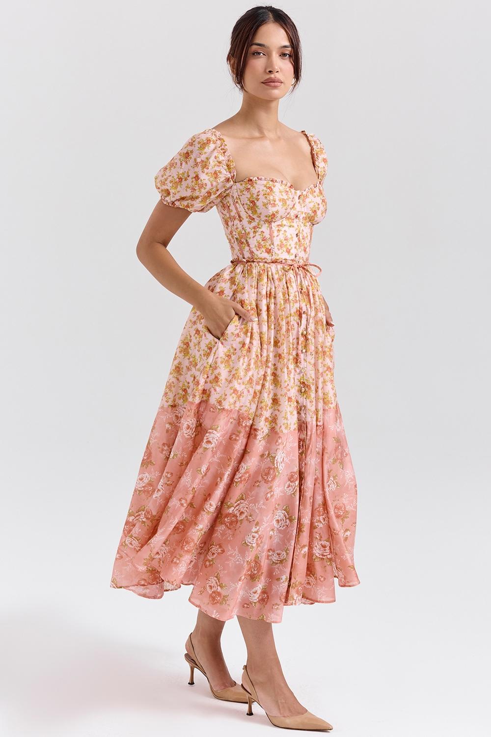 Penelope  peach poppy print puff sleeve midi sundress Product Image