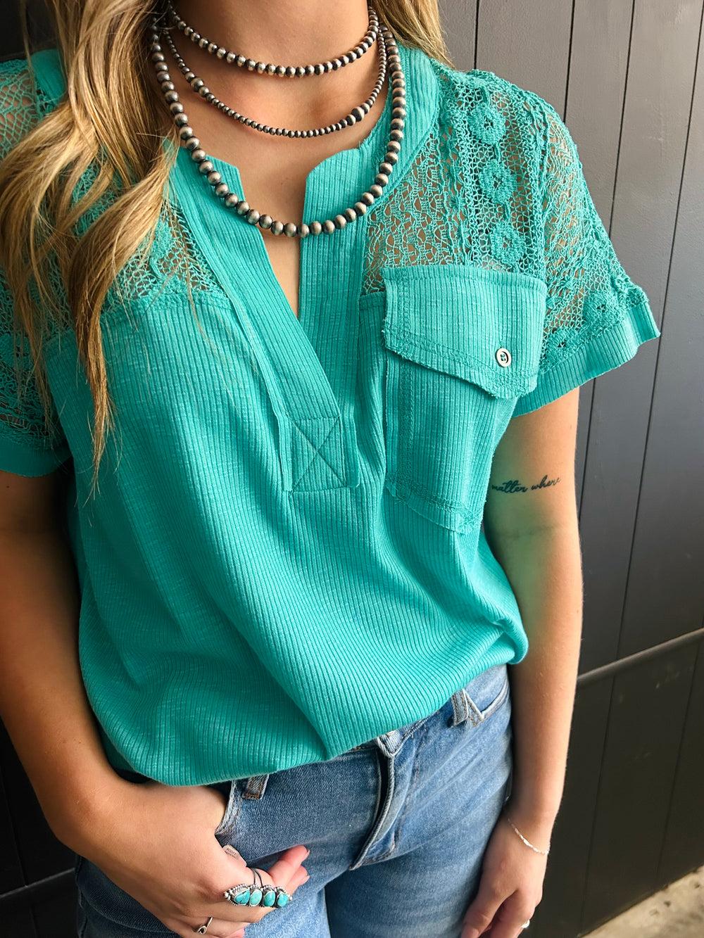 Sea Green Lace Patchwork Top Product Image