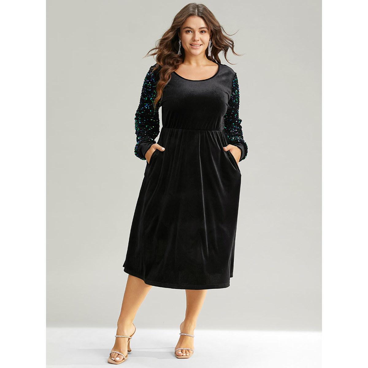 Plus Size Velvet Patchwork Sequin Elastic Waist Dress Black Women Party Velvet Scoop Neck Long Sleeve Curvy Midi Dress BloomChic 22-24/3X Product Image