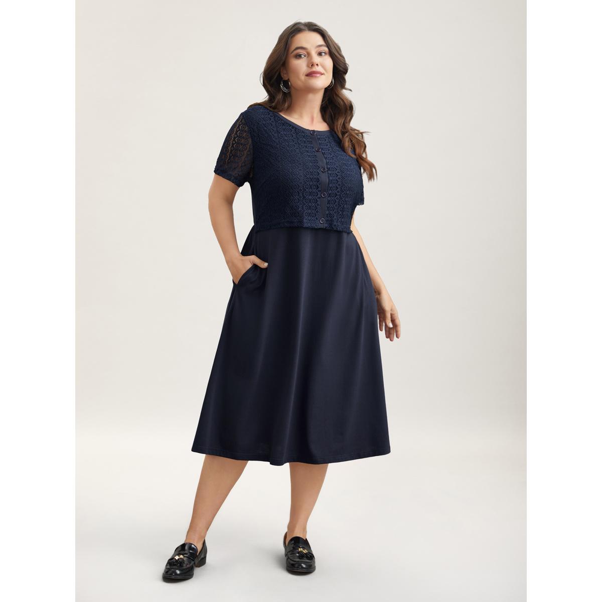 Plus Size 2-in-1 Spliced Button-Front Midi Dress DarkBlue Women Casual Woven ribbon&lace trim Round Neck Short sleeve Curvy BloomChic 18-20/2X Product Image