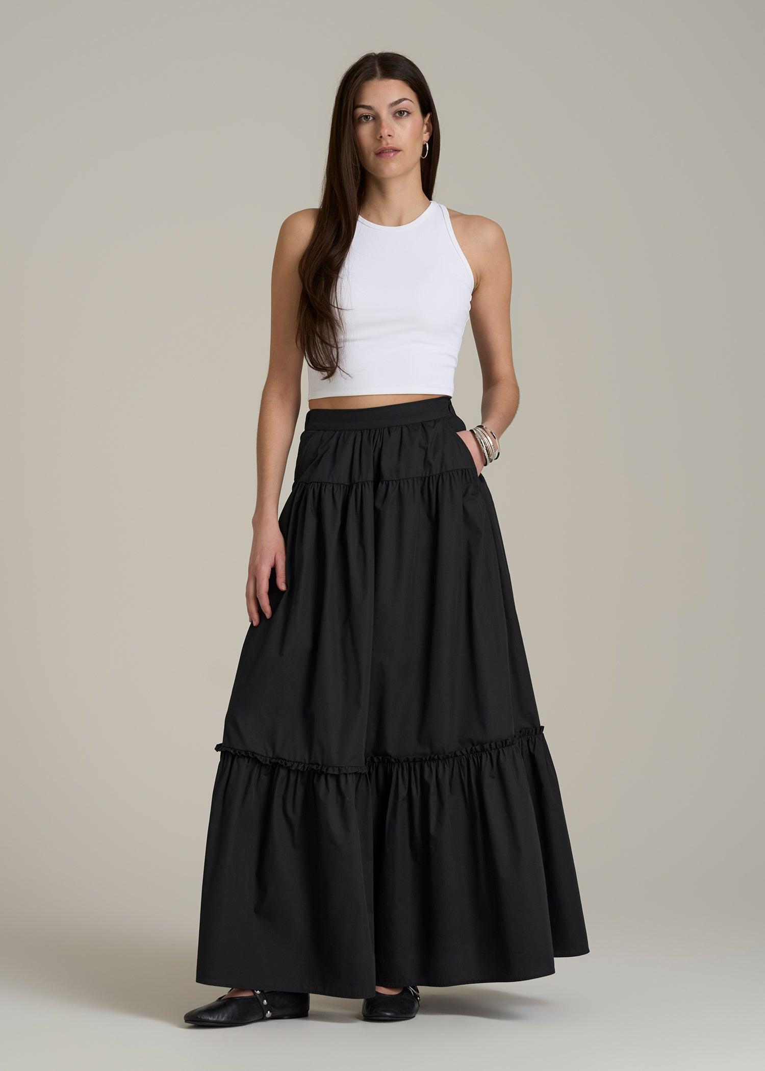 Tiered Cotton Maxi Skirt for Tall Women in Black Female Product Image
