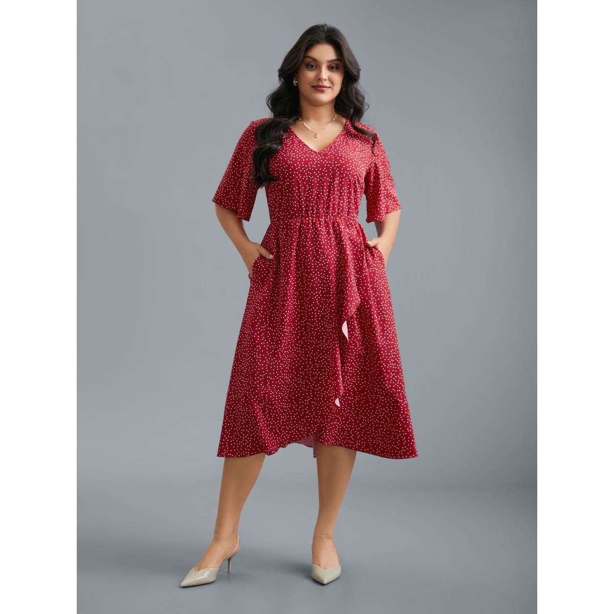 Plus Size V Neck Polka Dot Ruffle Trim Dress Scarlet Women Elegant Overlapping V-neck Half Sleeve Curvy BloomChic 28/5X Product Image