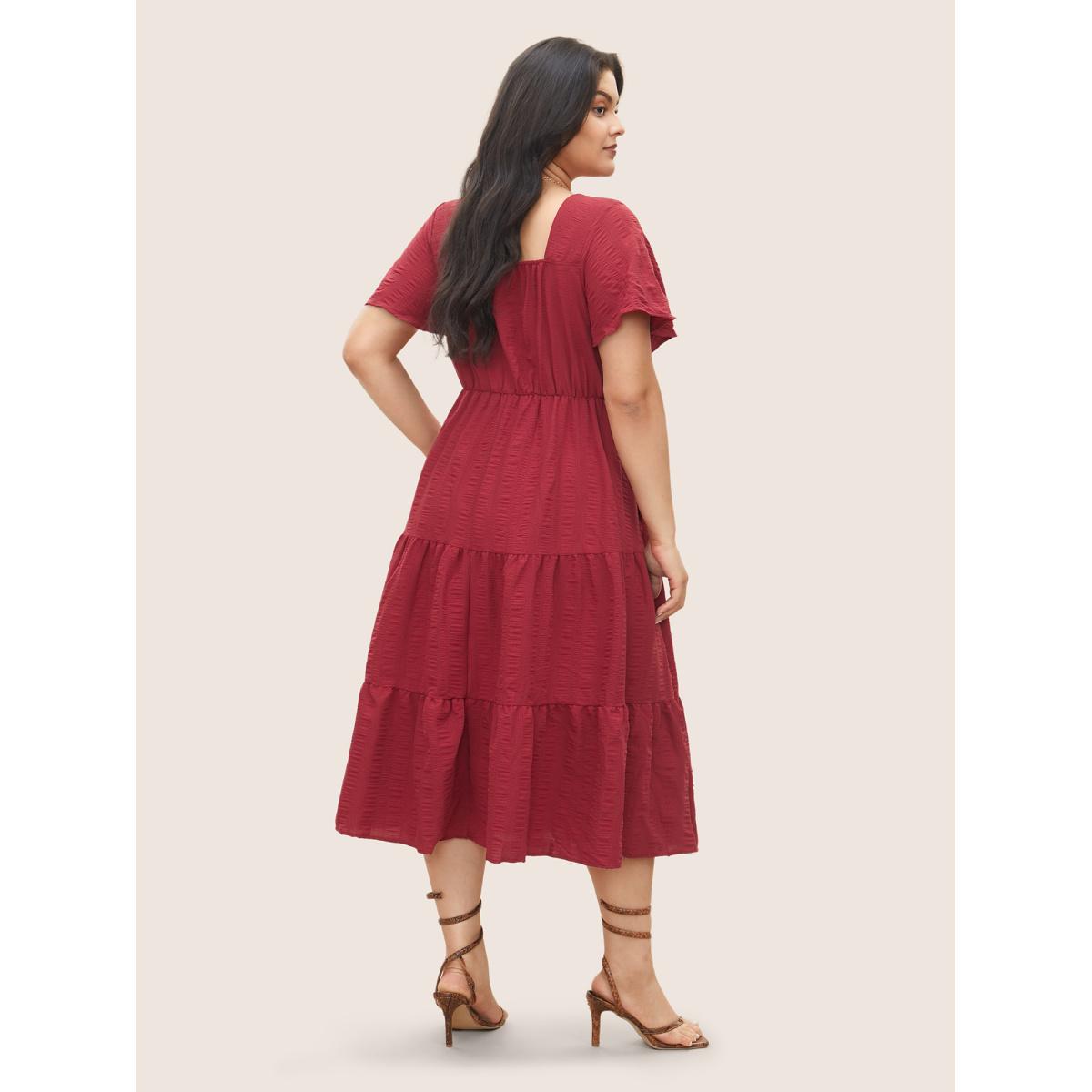 Plus Size Plain Ruched Drawstring Pocket Ruffle Tiered Dress Raspberry Women Elegant Non V-neck Short sleeve Curvy Midi Dress BloomChic 10/M Product Image