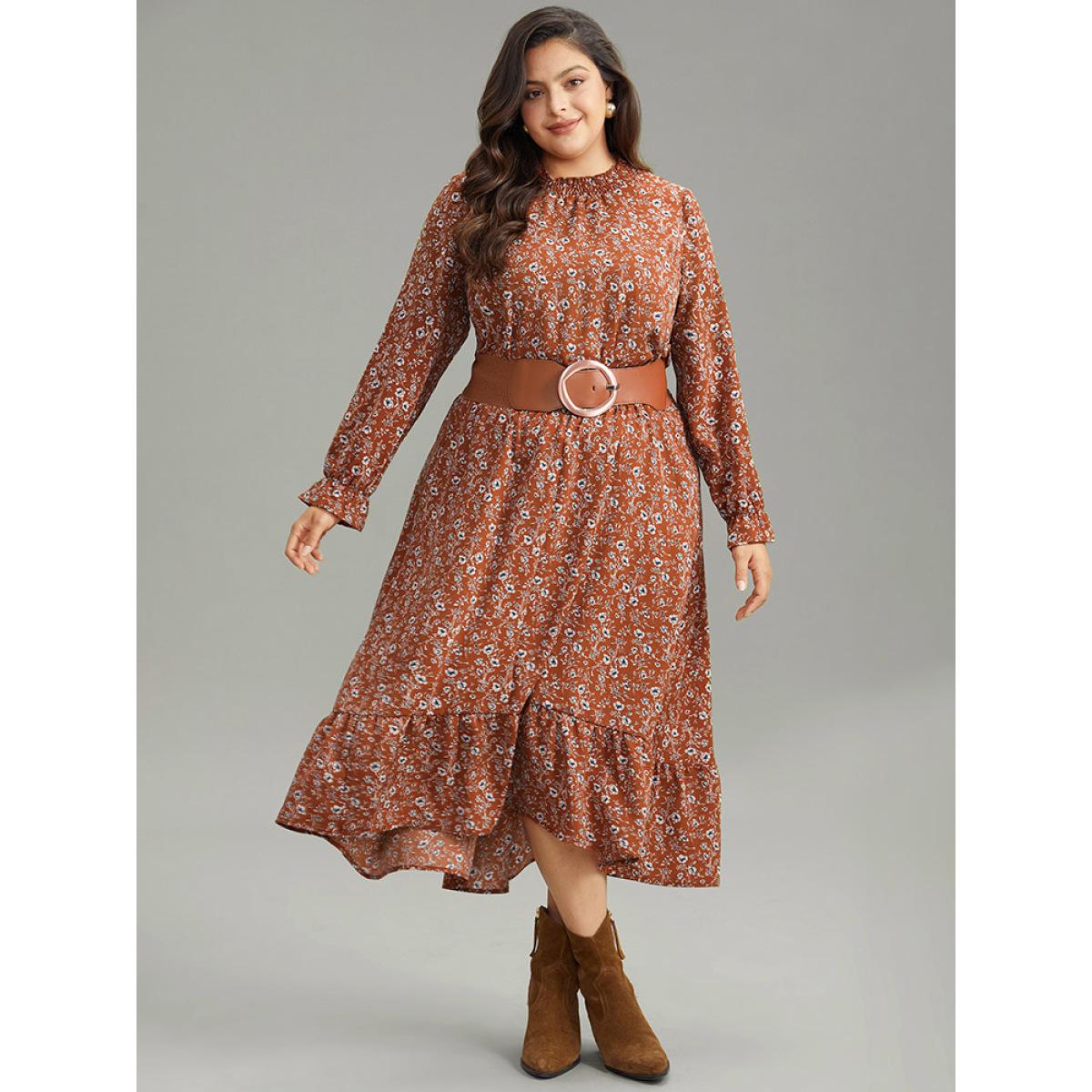 Plus Size Ditsy Floral Pocket Elastic Waist Skirt Women Rust Elegant Elastic Waist No stretch Pocket Everyday Skirts BloomChic 14-16/1X Product Image