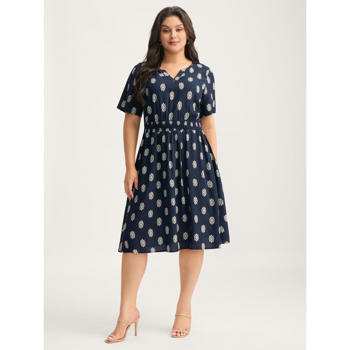 Plus Size Rayon Geometric Floral Print Shirred Midi Dress DarkBlue Women Office Notched collar Short sleeve Curvy BloomChic 18-20/2X Product Image