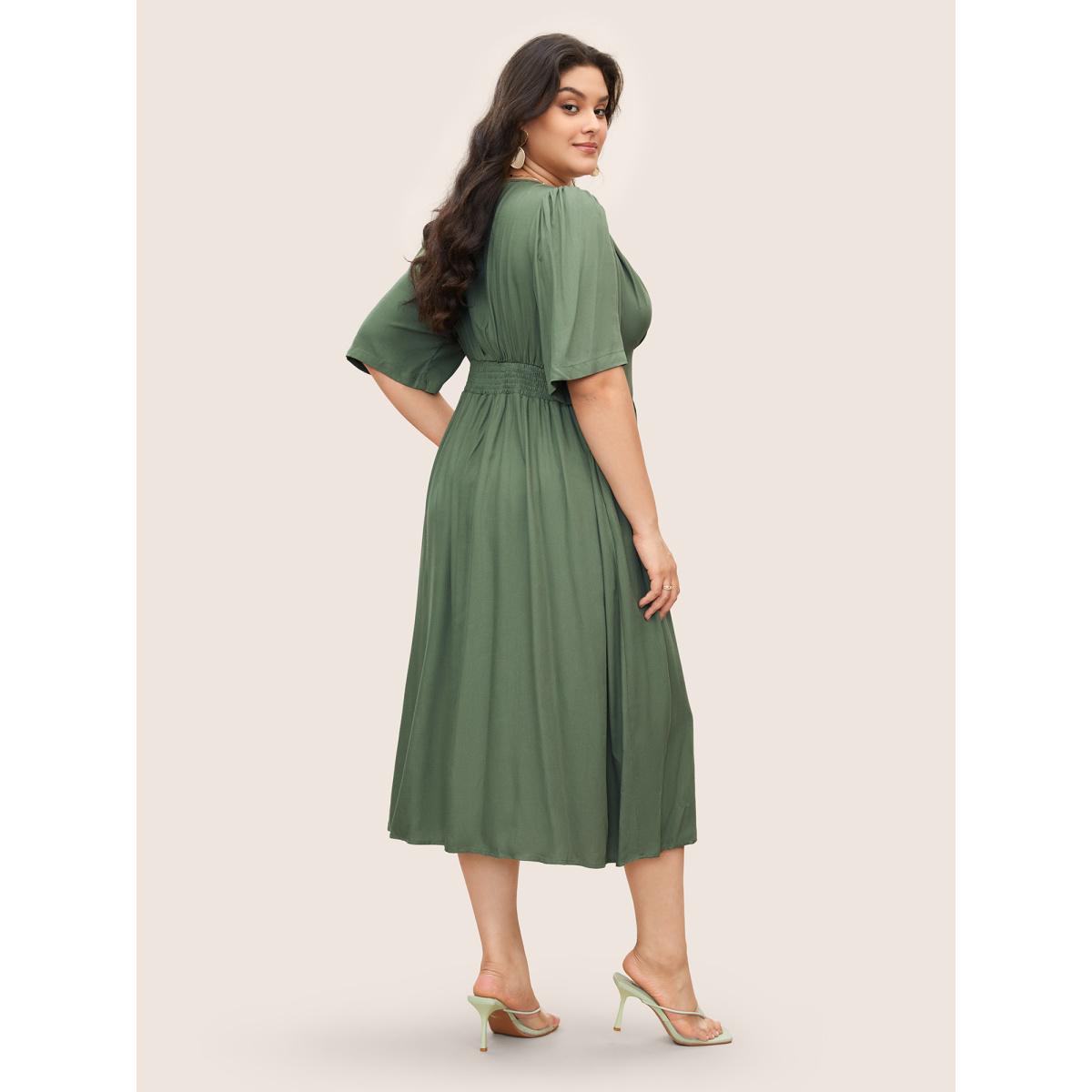 Plus Size Plunging Neck Button Detail Pocket Maxi Dress ArmyGreen Women Resort Gathered V-neck Short sleeve Curvy Long Dress BloomChic 12/L Product Image