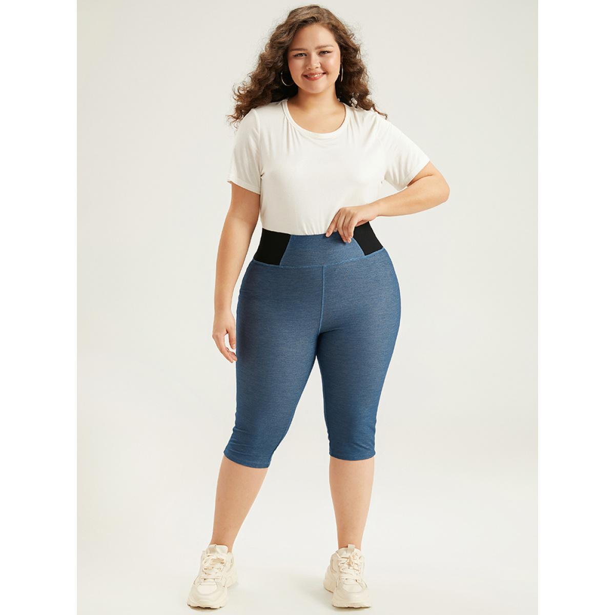 Plus Size Patchwork Contrast Pocket Leggings Women DarkBlue Casual High stretch Skinny High Rise Dailywear Leggings BloomChic 28/5X Product Image