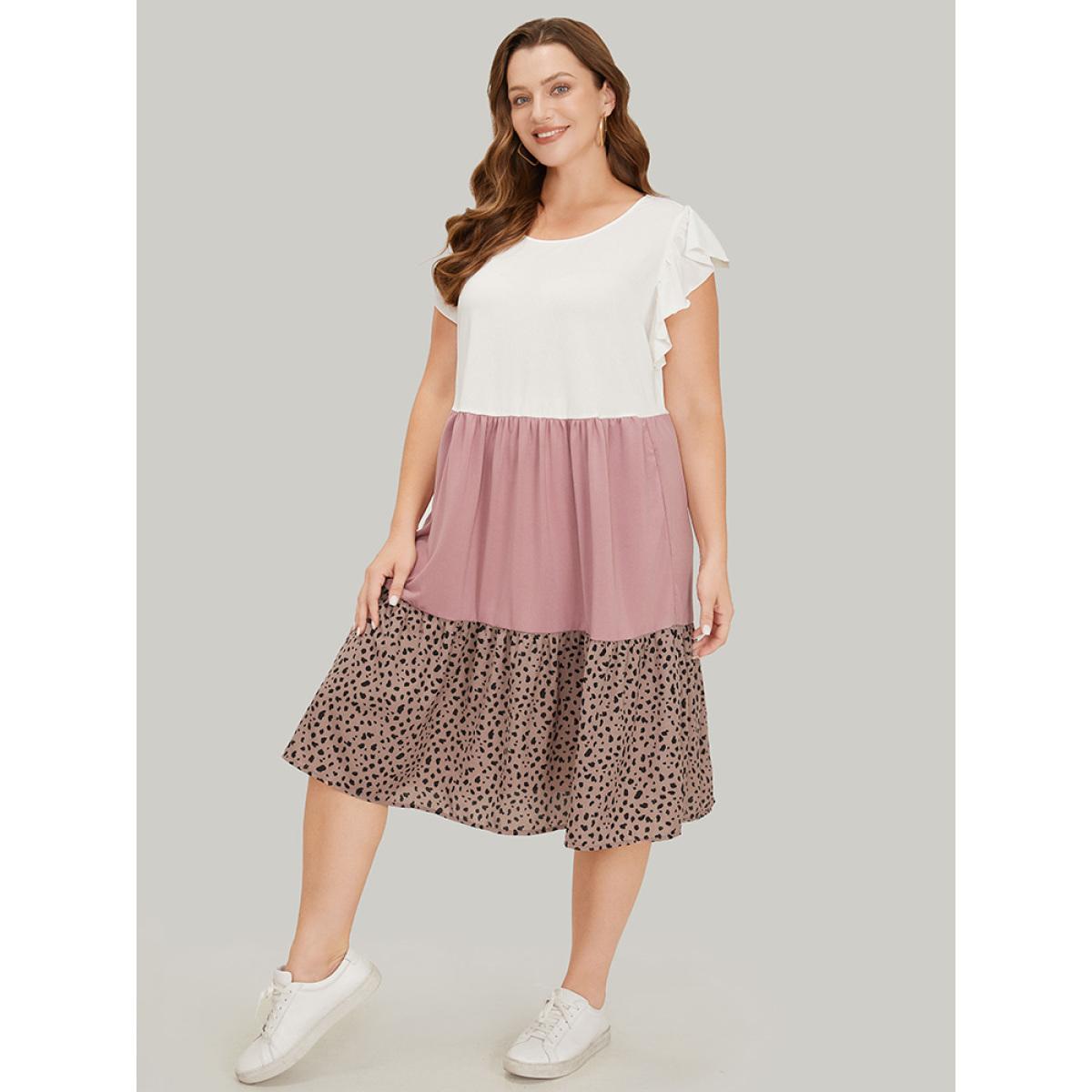 Plus Size Leopard Contrast Ruffle Trim Pocket Layered Hem Dress Multicolor Women Casual Patchwork Round Neck Cap Sleeve Curvy Midi Dress BloomChic 26/4X Product Image