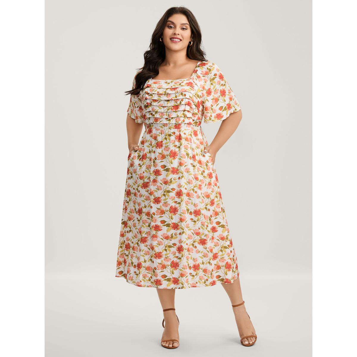 Plus Size Floral Pleated Bodice Pockets Midi Dress Ivory Women Tucked seam Square Neck Short sleeve Curvy BloomChic 12/L Product Image