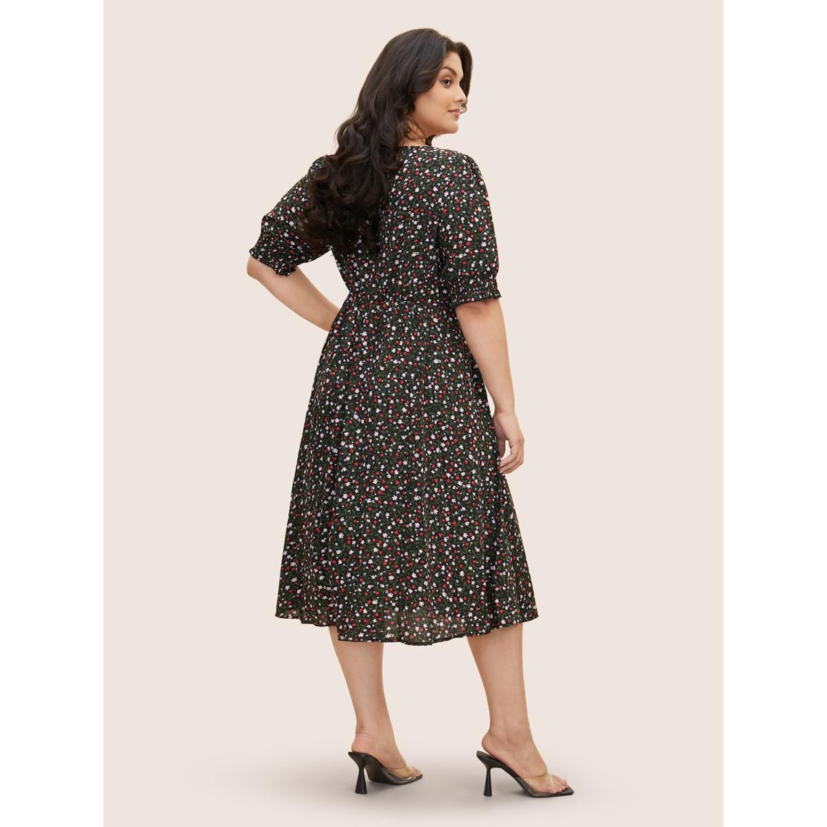 Plus Size Ditsy Floral Drawstring Shirred Cuffs Dress Black Women Elegant Non Square Neck Half Sleeve Curvy Midi Dress BloomChic 10/M Product Image