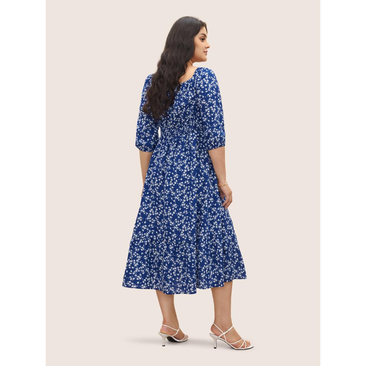 Plus Size Ditsy Floral Pocket Tie Neck Shirred Dress Navy Women Elegant Non Notched collar Elbow-length sleeve Curvy Midi Dress BloomChic 26/4X Product Image